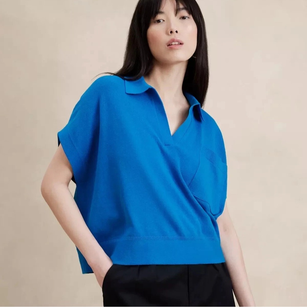 NWT Banana Republic Oversized Johnny Collar Sweater Blue XS/S Linen Cotton Boxy